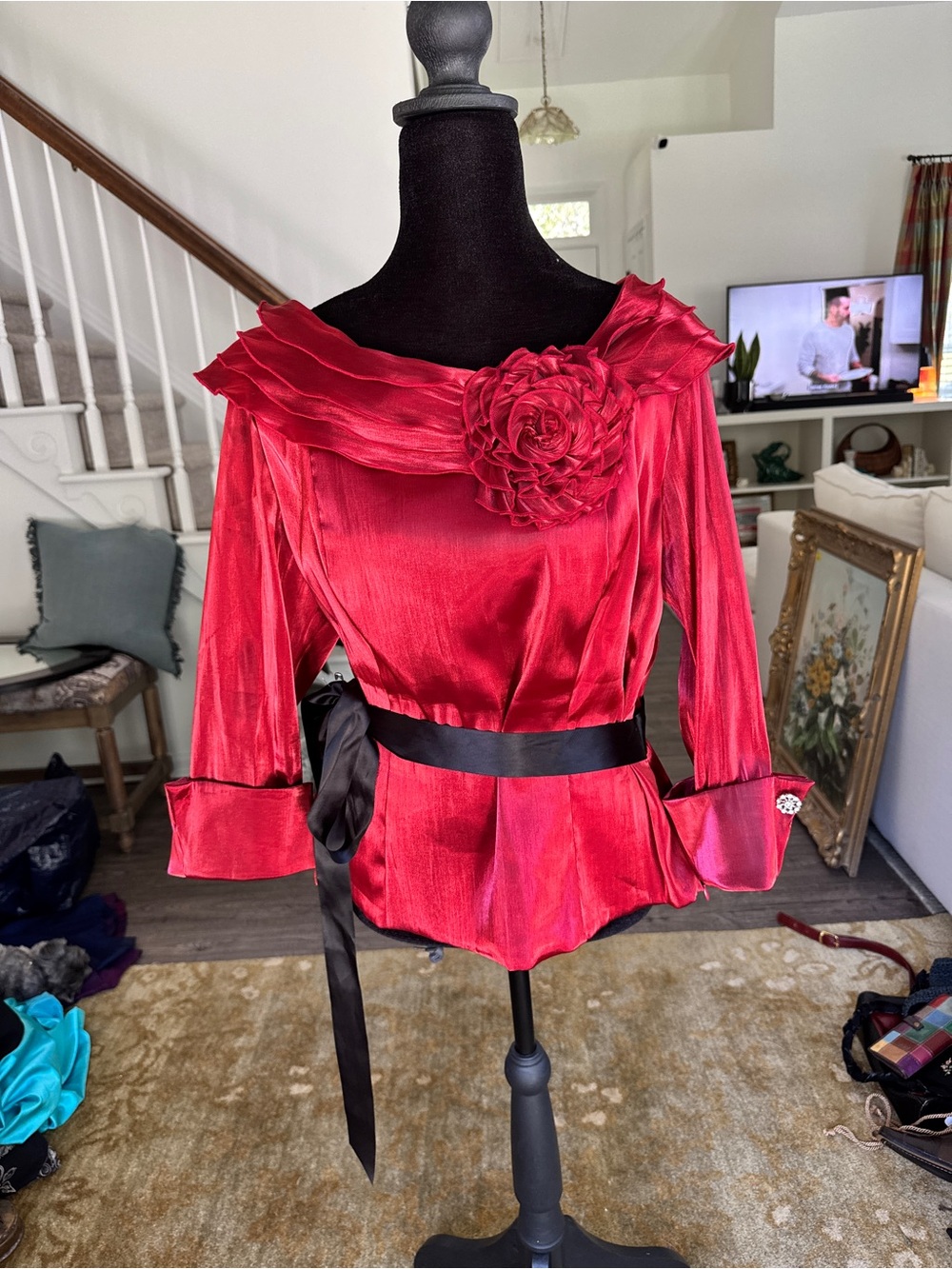 Jessica Howard Red Satin Off-Shoulder Blouse with Rosette